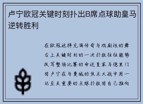 卢宁欧冠关键时刻扑出B席点球助皇马逆转胜利