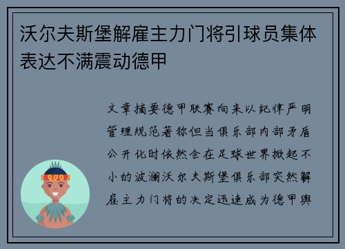 沃尔夫斯堡解雇主力门将引球员集体表达不满震动德甲